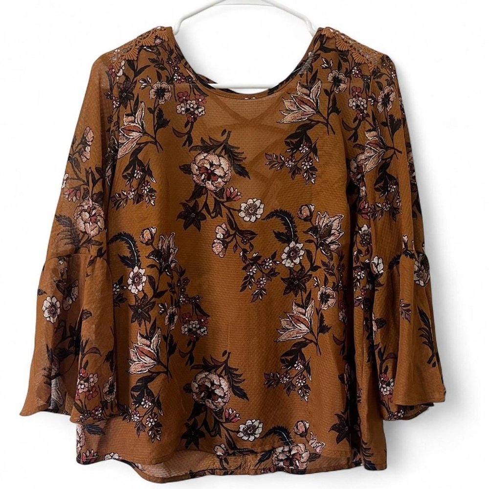 Juniors Large Rewind Boho Chic Floral Chiffon 3/4 Sleeve Slight Cropped Blouse